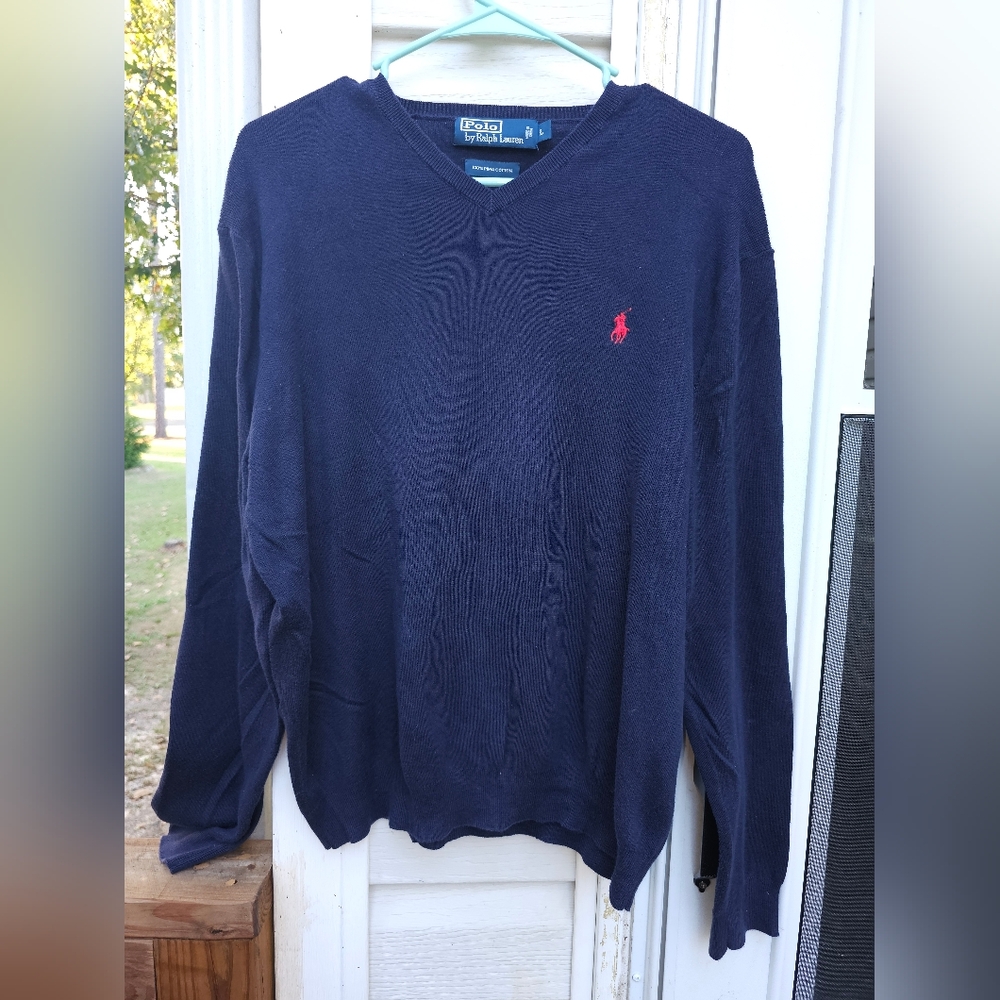 Polo‎ Ralph Lauren Sweater Adult Large Blue V Neck Classic Pima Cotton Mens Prep
